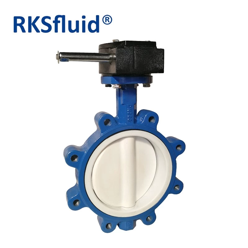 China RKSfluid ductile iron lug type PTFE lined butterfly valve for seawater with handle lever manufacturer