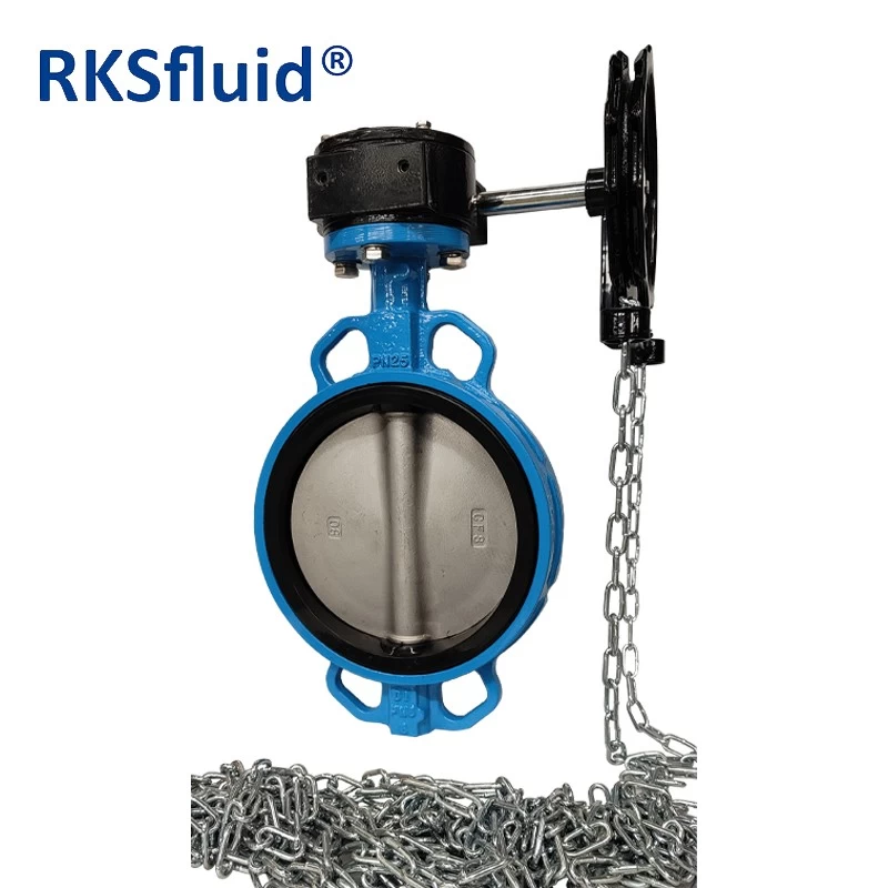 중국 RKSfluid 밸브 DI 체인 휠 웨이퍼 타입 나비 밸브 DN200 사용자 정의 가능 제조업체