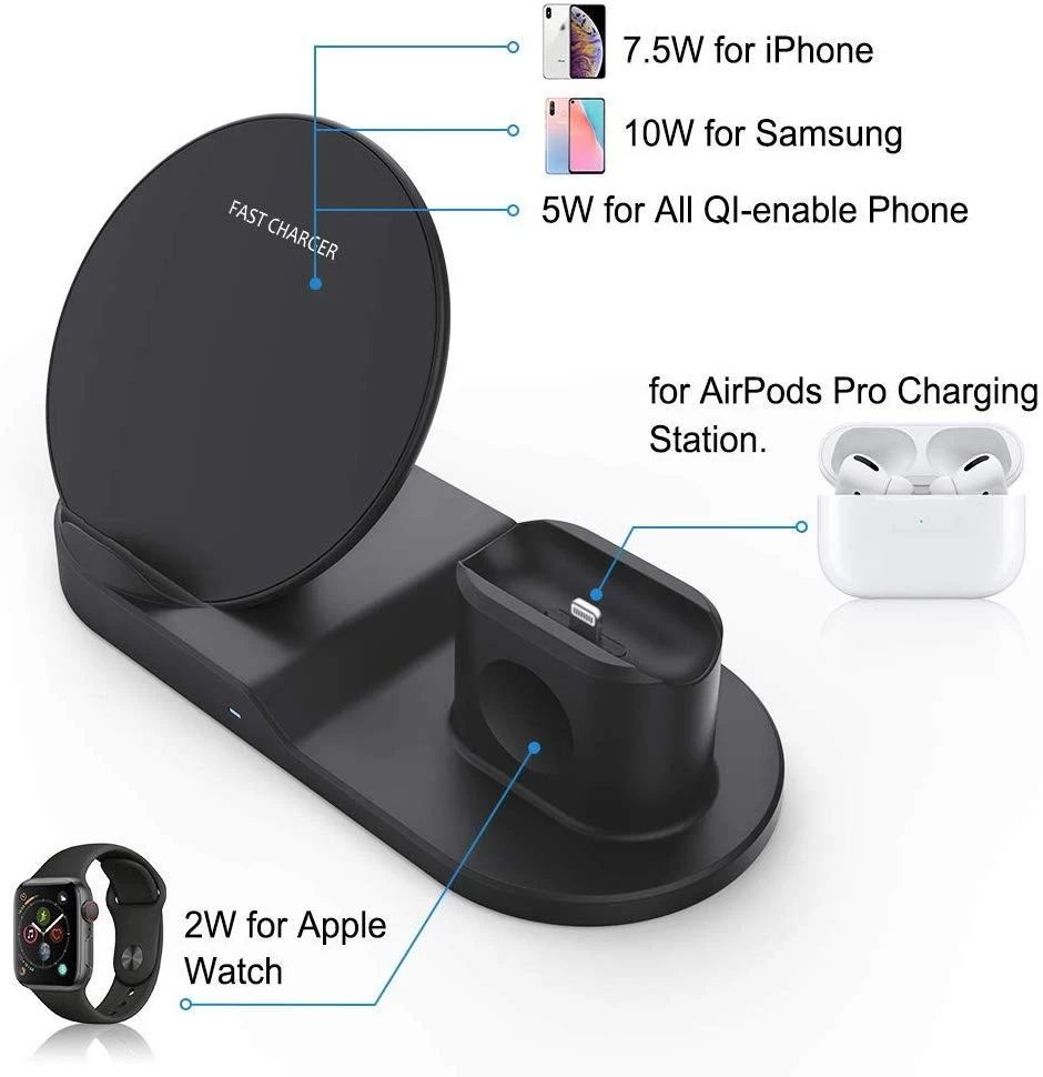 Soporte de cargador inalámbrico, estación de carga inalámbrica multifunción  4 en 1 para Apple Watch Airpods, soporte de cargador inalámbrico rápido Qi