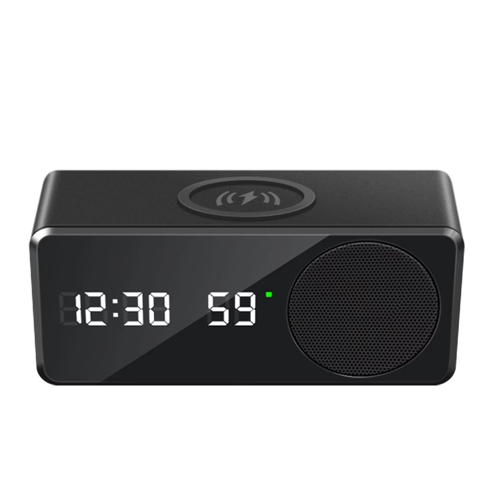 China Factory Price Digital Alarm Clock with Watch Stop and Wireless Charger Speaker with 15W Fast Wireless Charging and Phone Holder (MH-W26) manufacturer