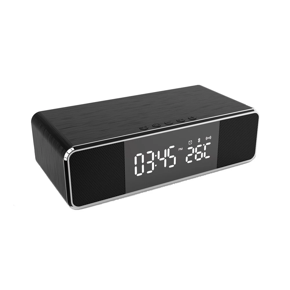 Κίνα Πολυλειτουργικό ρολόι ασύρματου φορτιστή με ραδιόφωνο FM και επιτραπέζιο ηχείο Bluetooth με οθόνη θερμόμετρου και λειτουργία ξυπνητηριού (MH-D69) κατασκευαστής