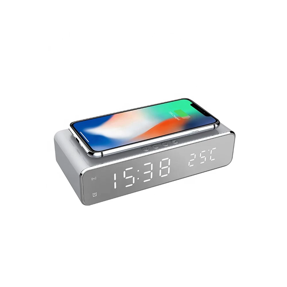 China Newest Modern Design Wireless Charging Alarm Clock and Desktop Thermometer Portable LED Digital Display Mirror Clock for Bedroom Use (MH-D65) manufacturer