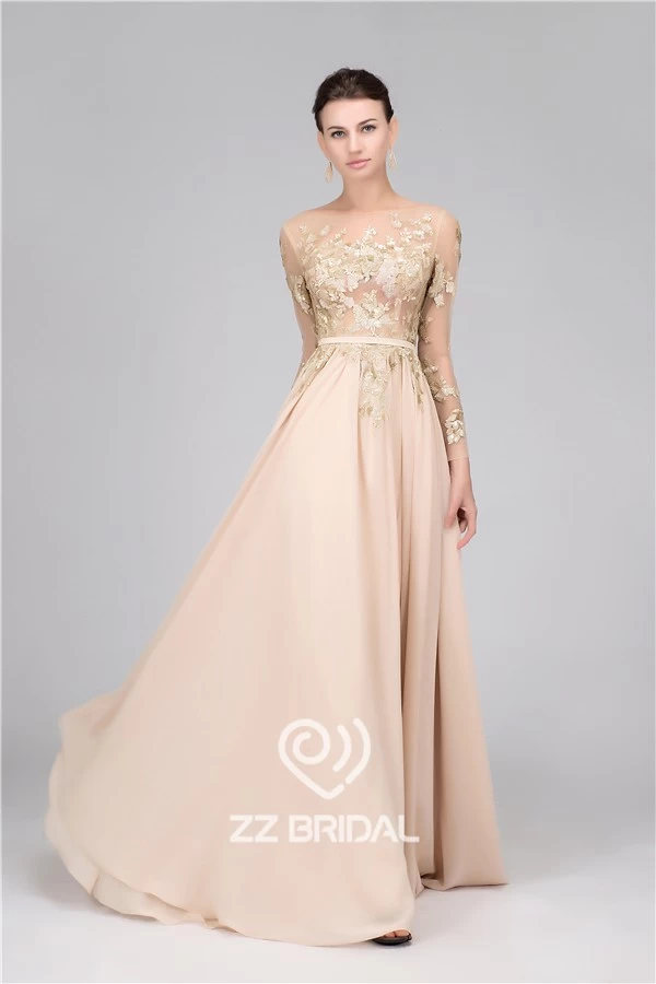 China A-Line sequined long sleeve belt nude long evening dress made in China manufacturer