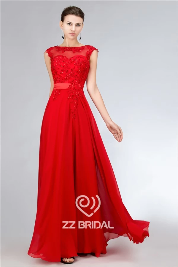 Китай Ярко-красный шифон бисером Scoop декольте крышка рукавом V-обратно длинное вечернее платье с поставщиком производителя