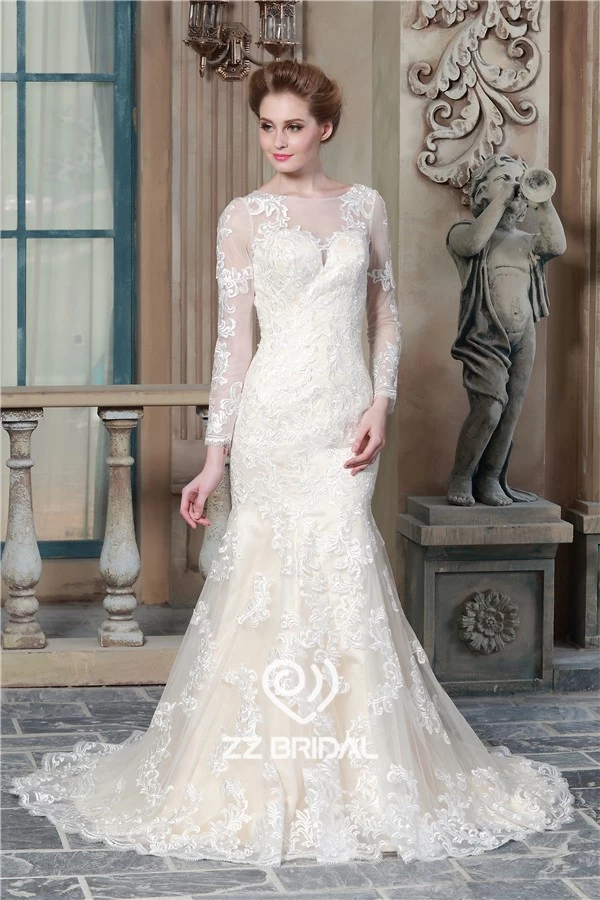 China China long sleeve lace appliqued see through back mermaid wedding dress supplier manufacturer