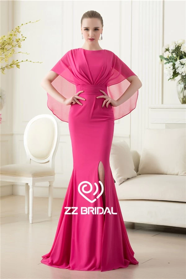 China China supplier side split chiffon mermaid long rose red evening dress with shawl manufacturer