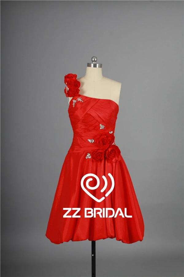Cute one shoulder ruffled beaded backless red short evening gown with handmade flowers