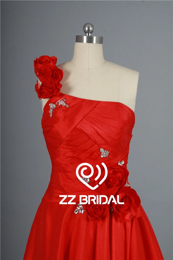 Cute one shoulder ruffled beaded backless red short evening gown with handmade flowers