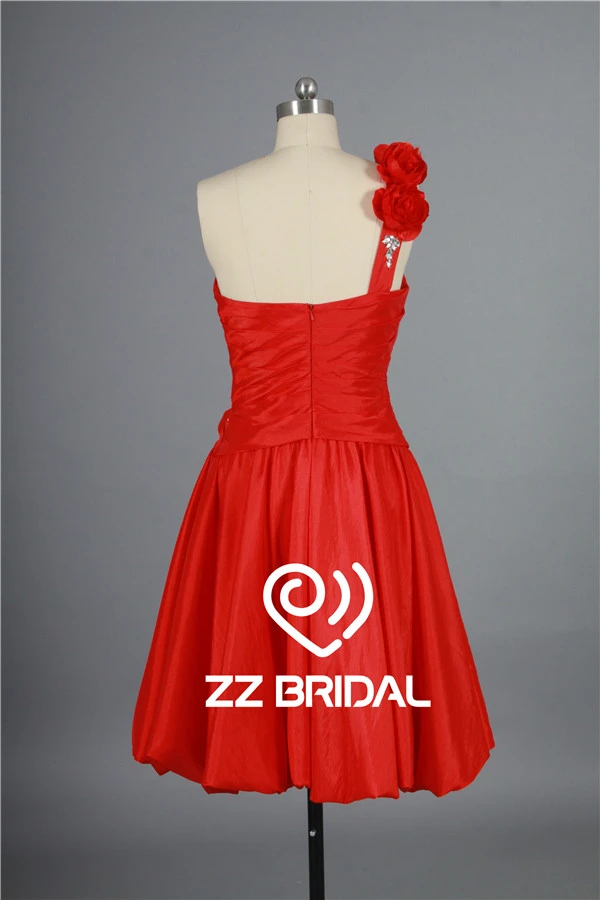 Cute one shoulder ruffled beaded backless red short evening gown with handmade flowers