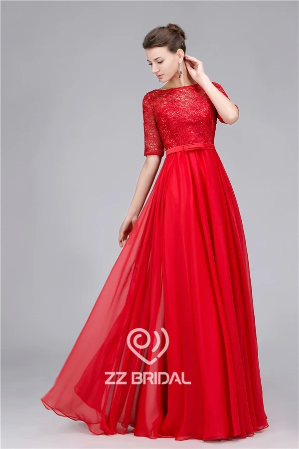 China Elegant beaded guipure lace half sleeve red long evening dress made in China manufacturer