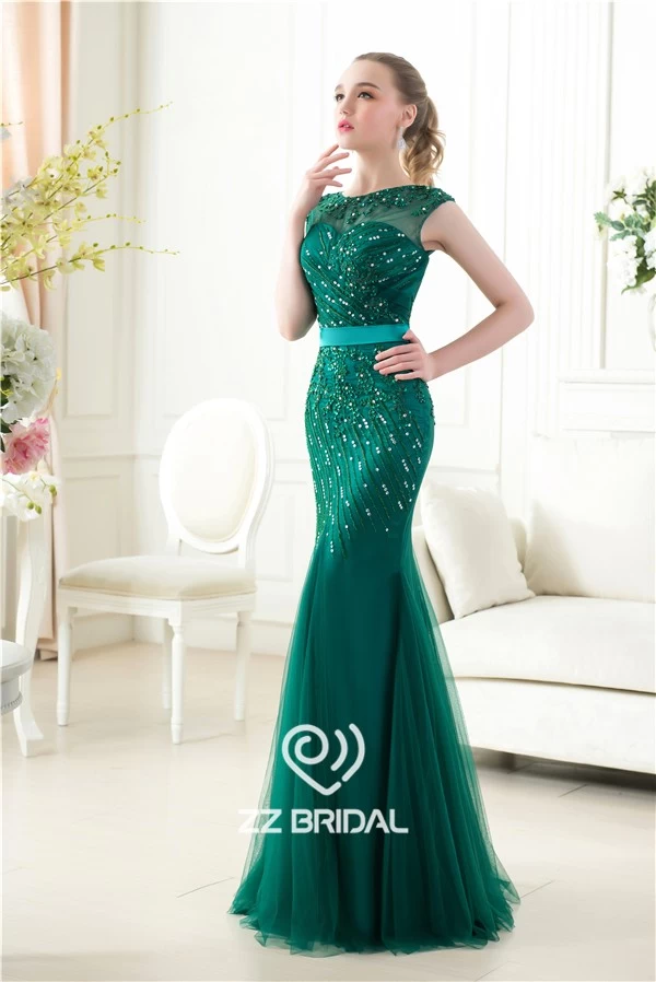 Chine Mancherons perles mode o-cou sirène sombre usine de robe verte de soirée fabricant