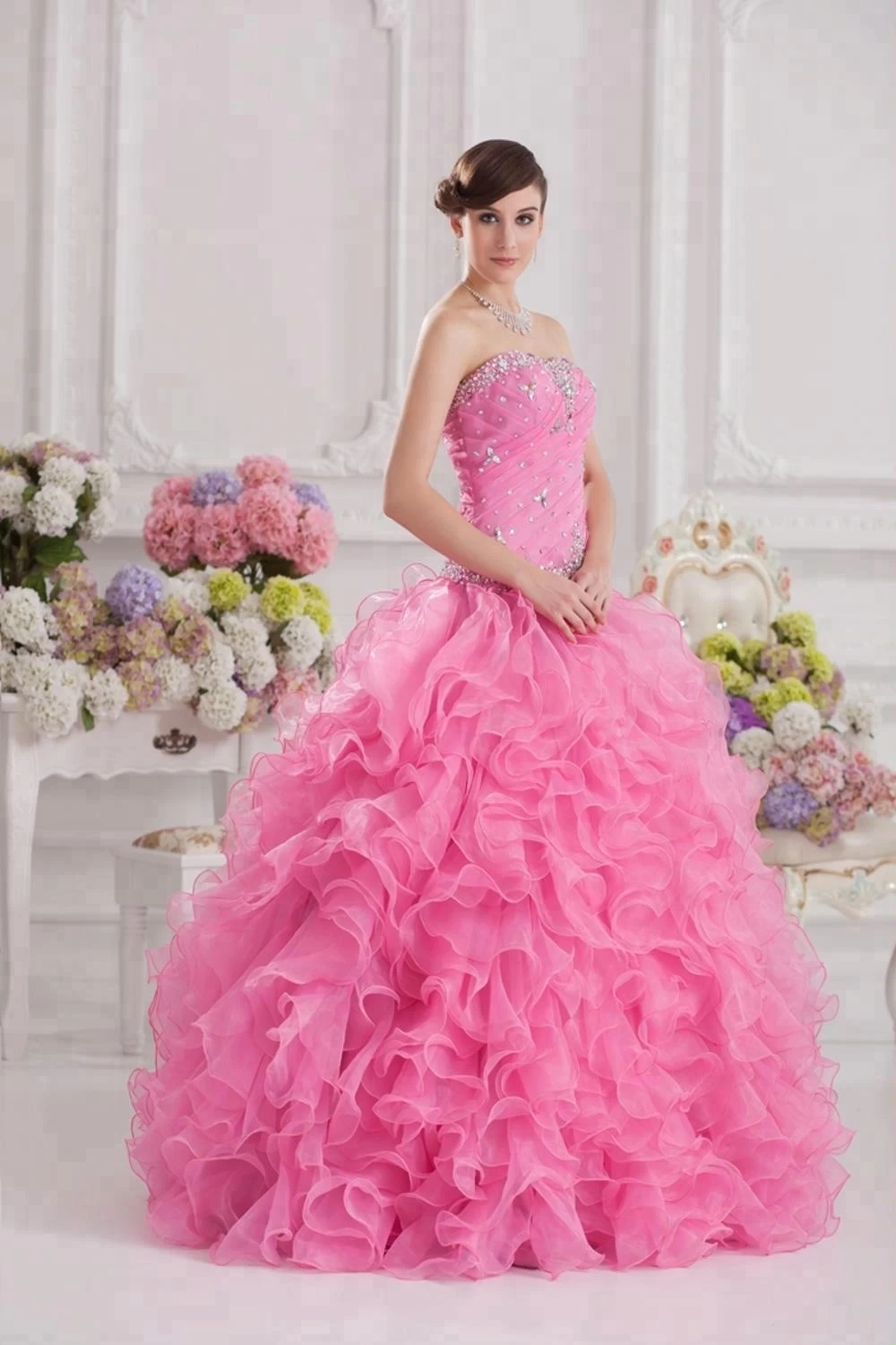 Kiina Heavy Beading Vaaleanpunainen pallopuku Quinceanera Prom Dress valmistaja