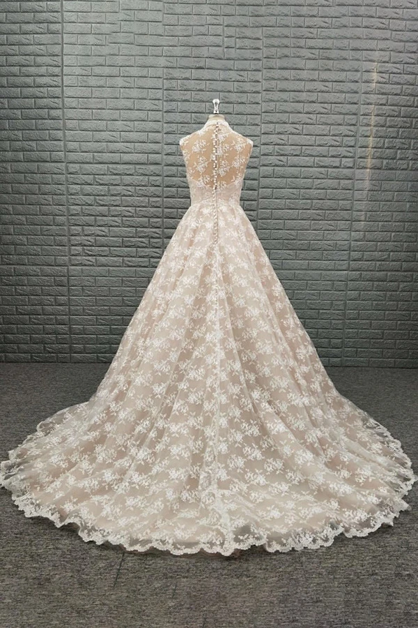 Cuello alto Volver Ver a través de la falda de organza en capas Vestidos de novia de encaje de Suzhou largos