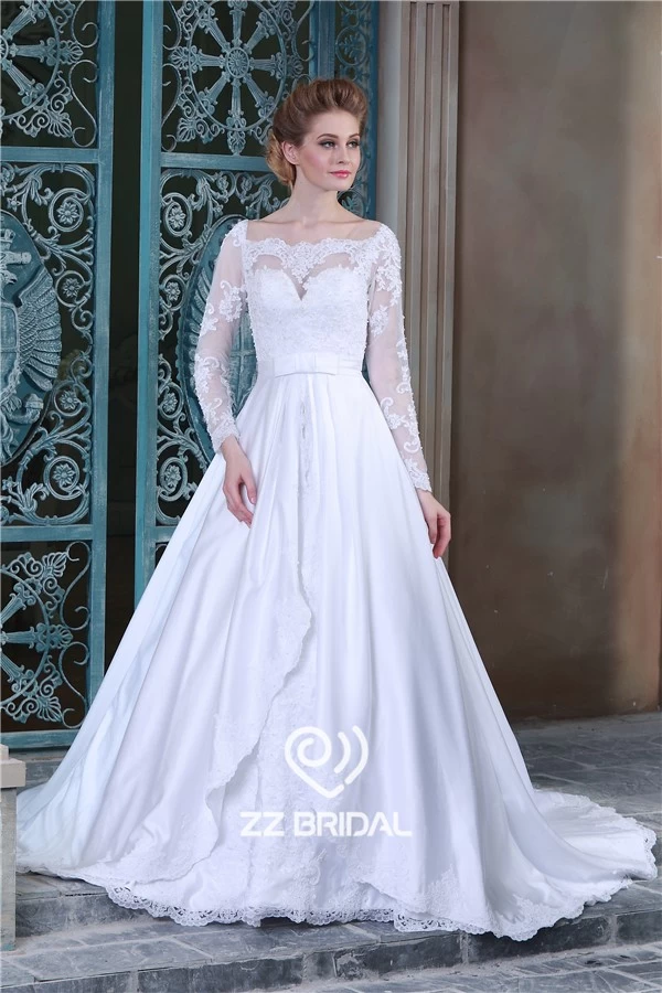 China High end long sleeve appliqued lace bodice a-line wedding gown from China manufacturer