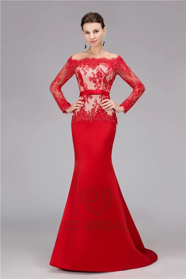 China High quality long sleeve off shoulder beaded long red mermaid evening dress supplier manufacturer