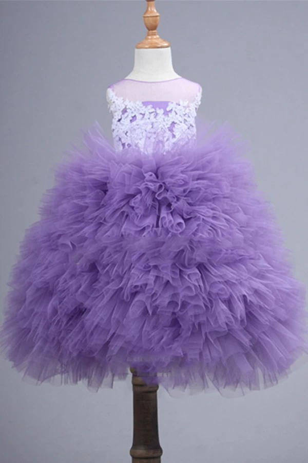 الصين أحدث تصميم ليتل بنات منتفخ فستان الأميرة الخفيفة بيربل زهرة فتاة فساتين HMY-FL026 الصانع
