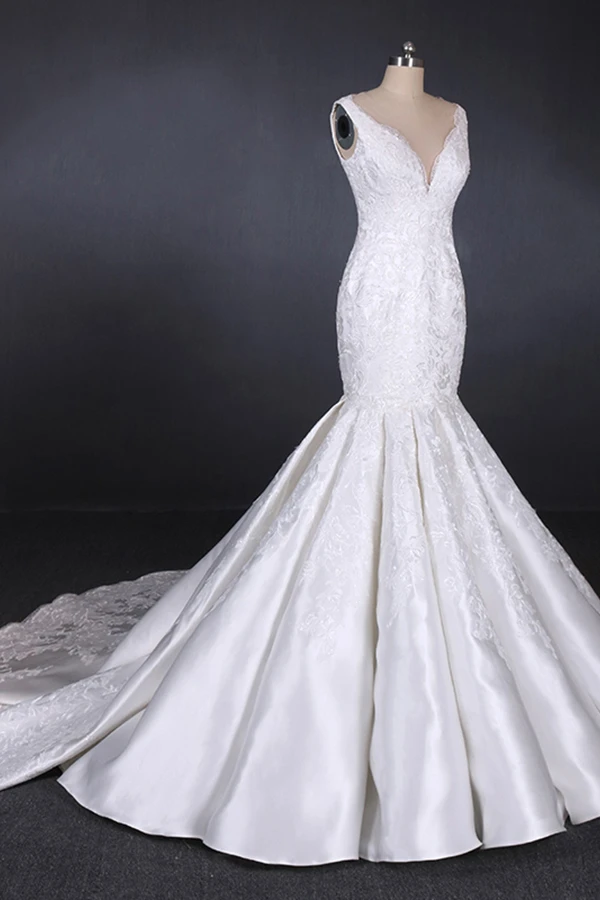 Latest Design Luxury Lace Mermaid Sexy Long Train Vestido De Novia V neck wedding dress bridal gown 2019