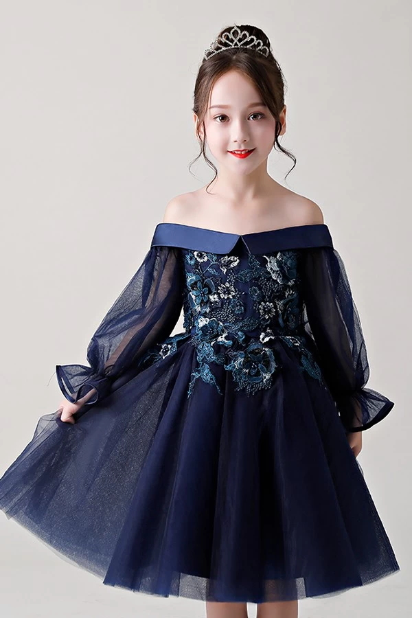 الصين أحدث تصميم الأميرة قبالة الكتف الأزرق الداكن الفتيات اللباس 3-8 Y تصميم الصانع