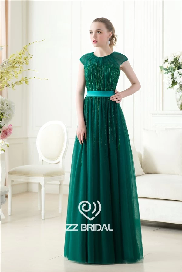 China Luxurious short sleeve o-neck sequined beaded dark green long evening gown China manufacturer