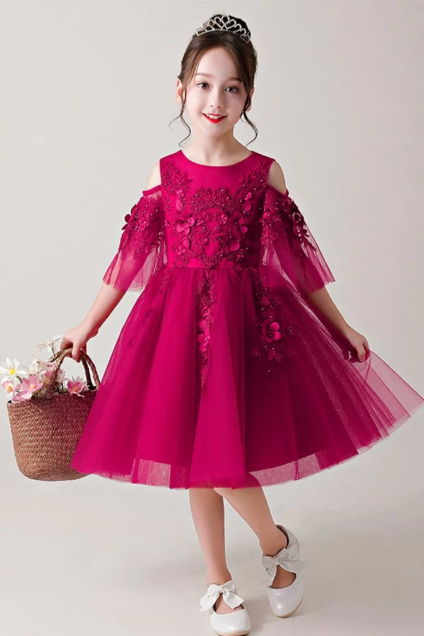China Nieuw design kinderen jurken prinses kralen geborduurde puffy mouw baby meisjes jurk voor 2-12 jaar oud fabrikant