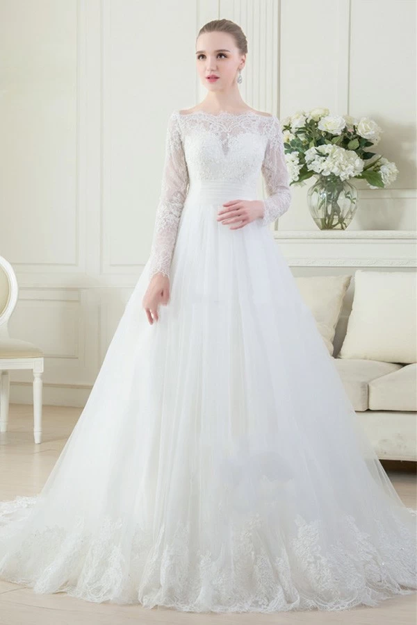 China OEM service Muslim Long Sleeve Real photo sheer A Line Wedding Dress Vestidos De Novia manufacturer