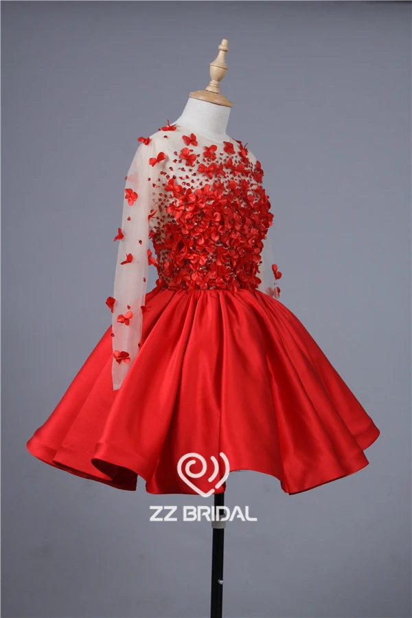 Real pictures long sleeve beaded handmade flowers see through back red short evening dress