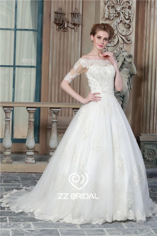 China Sexy see through back off shoulder half-sleeve lace wedding gown supplier manufacturer