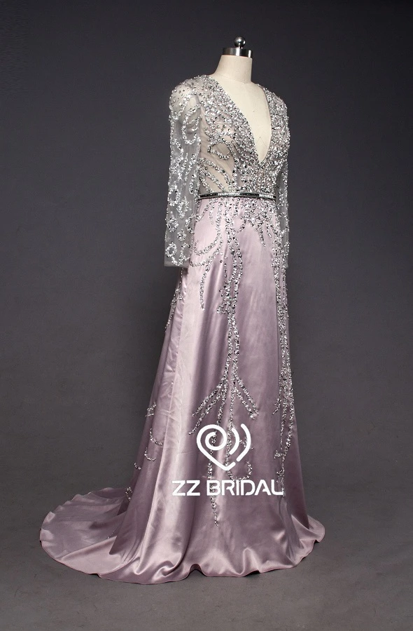 ZZ nuptiale Deep v-cou long manche perles longues robe de soirée