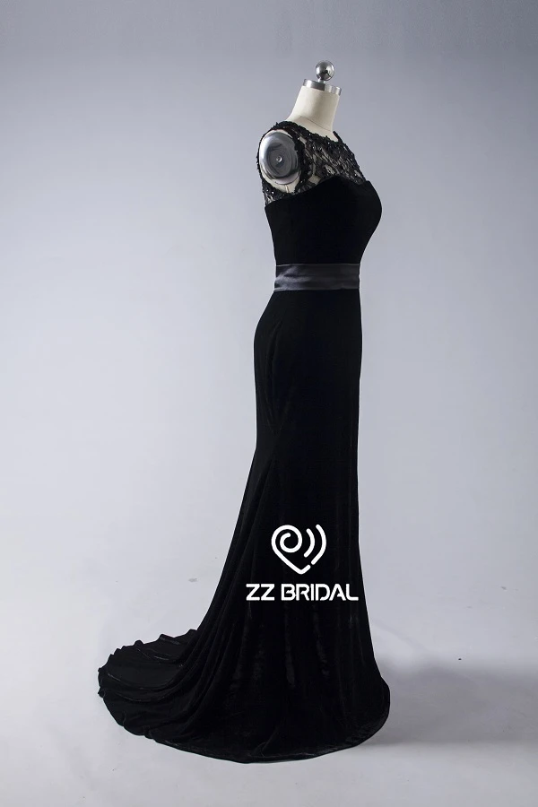 ZZ nupcial ilusión escote encaje apliques terciopelo una línea de largo vestido de noche