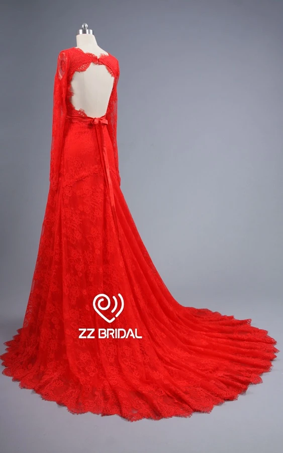 ZZ Bruidsmode lange mouwen v-hals rood kant A-line lange avondjurk