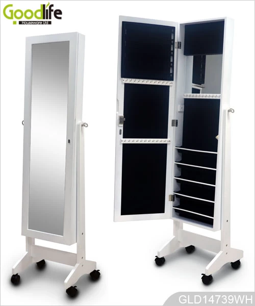 Madera gabinete de almacenaje de la joyería con el espejo vestidor y ruedas