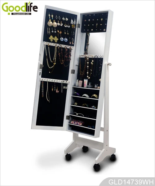 Madera gabinete de almacenaje de la joyería con el espejo vestidor y ruedas