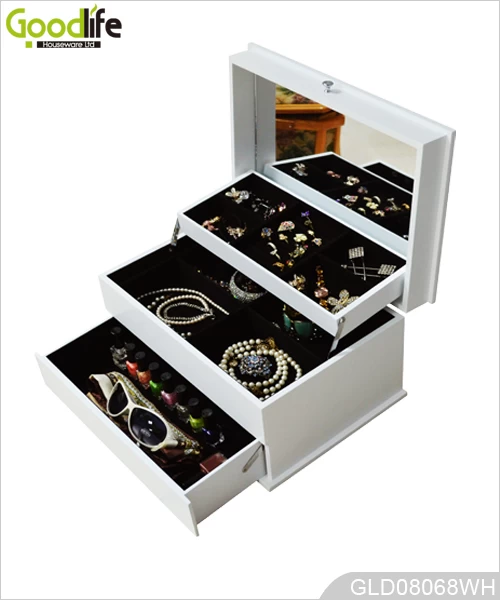 Belle blanc boîte à bijoux en bois miroir GLD08068