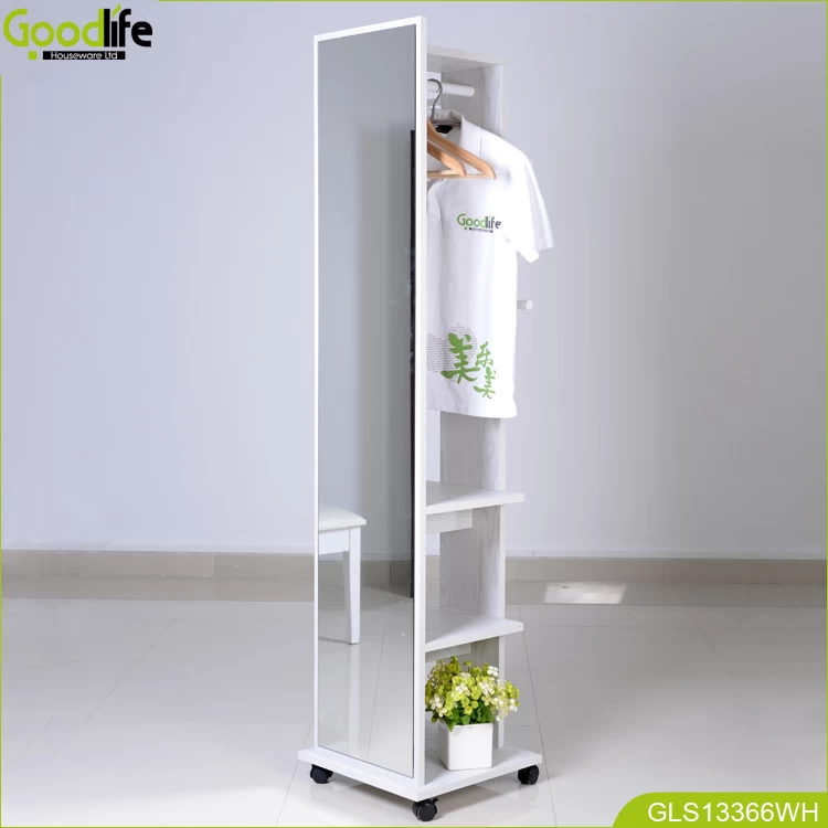 Goodlife Houseware Floor standing mirror wooden cloth rack,coat rack with wheel