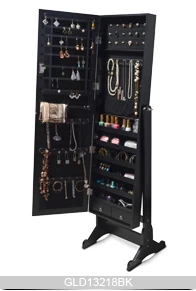 Freestanding wooden jewelry cabinet with mirror and makeup organizer drawers GLD13218