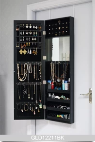Hanging over the door hot sell wooden mirror jewelry cabinet with earring holders and necklace hooks GLD12211