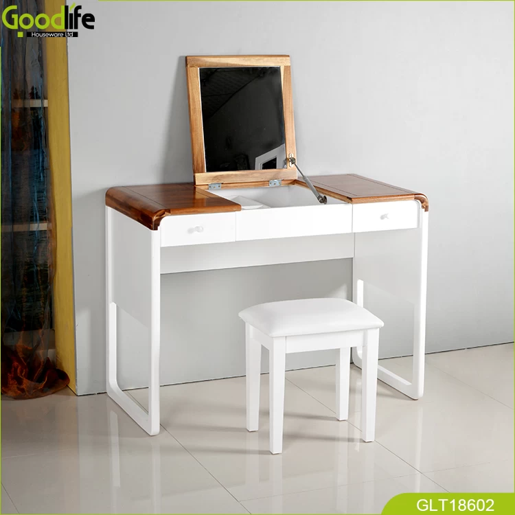 High quality finger Joint solid wood dressing table with flip up mirror and  2 drawer