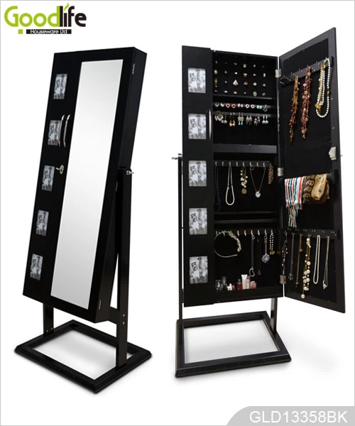 Large square double doors mirrored wooden jewelry cabinet with photo frames GLD13358
