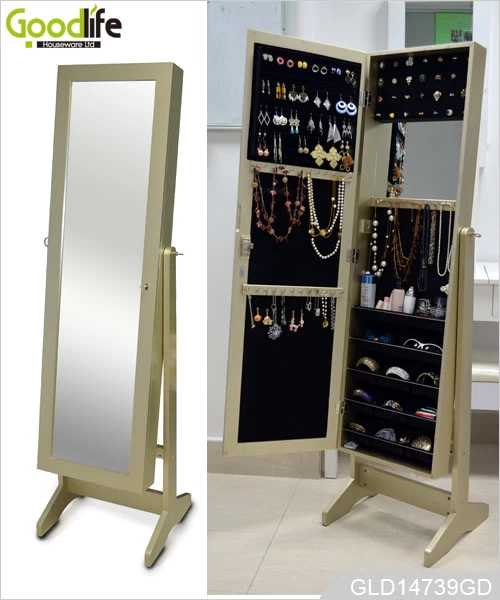 Middle East hot style wooden jewelry storage cabinet with dressing mirror in gold color GLD14739