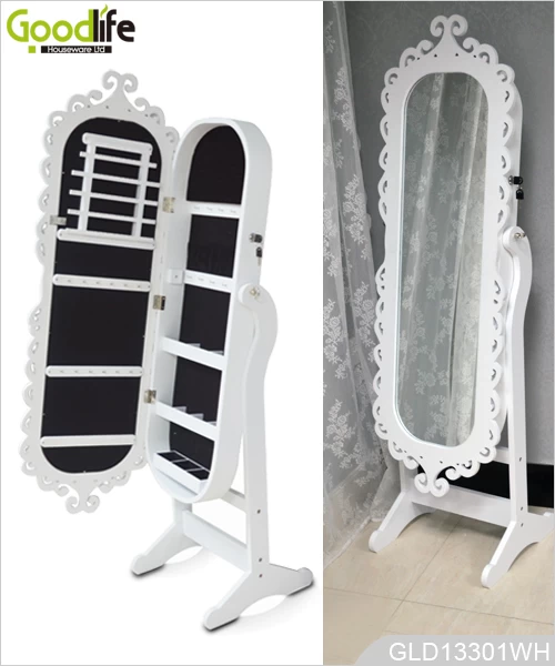Engraving Frame Oval Wooden Jewelry Cabinet with Full Length Mirror GLD13301