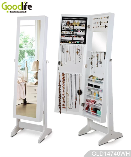 Multiple function wooden mirrored jewelry cabinet with transparent storage trays inside GLD14740