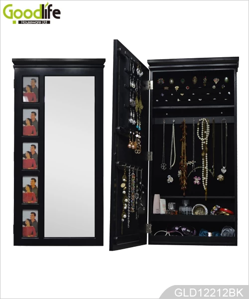 Popular wooden mirrored jewelry cabinet for jewelry holder with dressing mirror and 5 photo frames on the cabinet