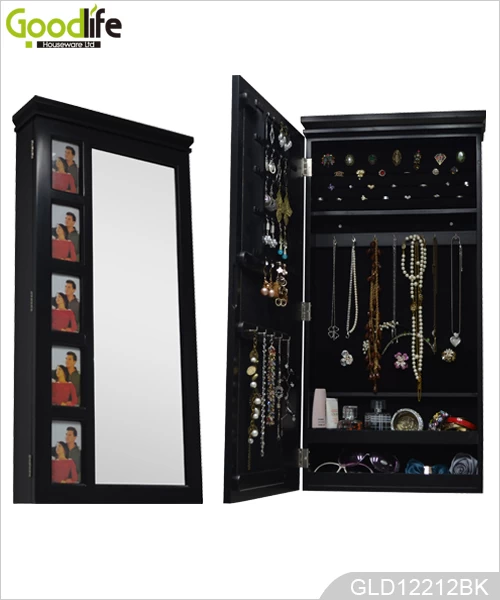 Popular wooden mirrored jewelry cabinet for jewelry holder with dressing mirror and 5 photo frames on the cabinet