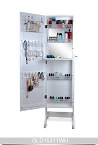 White makeup cabinet jewelry organizer with inside dressing mirror