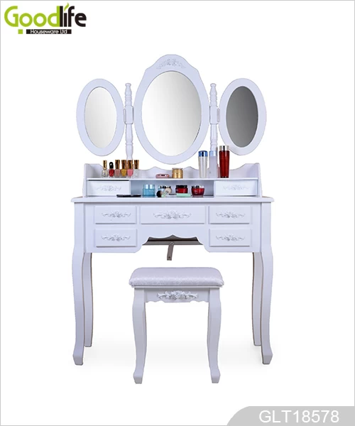 Wood makeup vanity table set with 3 mirror ,7 drawer, 1 stool GLT18578