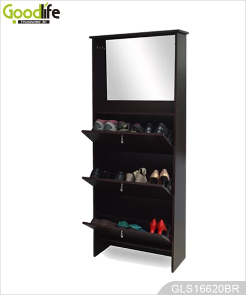 Wooden 3-layer Shoe Cabinet with Mirrored Storage Cabinet and Hooks GLS16620