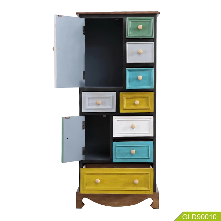 tall wooden cabinet with 8 drawers and 2 doors for storage in corner GLD90010