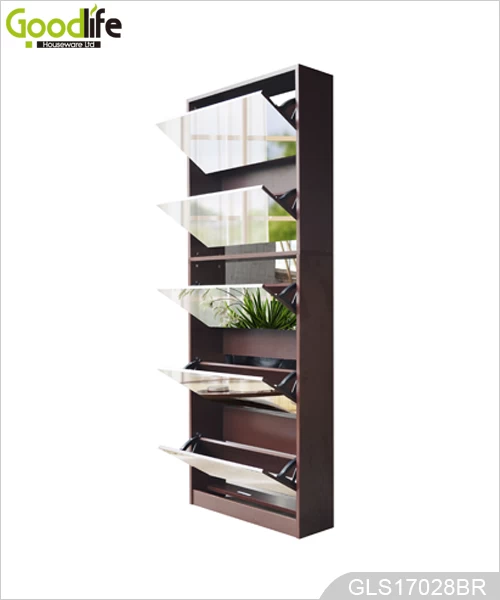 wooden shoe cabinet in foshan brown color mirrored shoe cabinet
