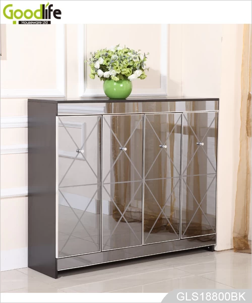 wooden storage cabinet for shoes with elegant mirror
