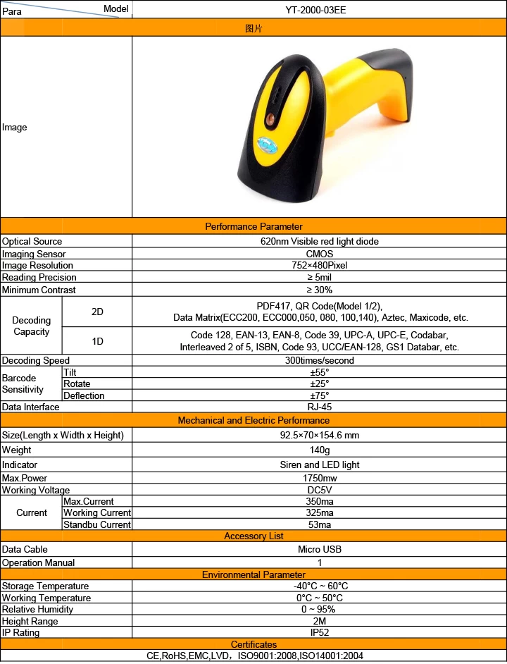 Yumite 2D barcode scanner specification